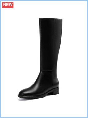 Wide Calf Knee High Boots Women Faux Leather Round Toe Block Heel Zip